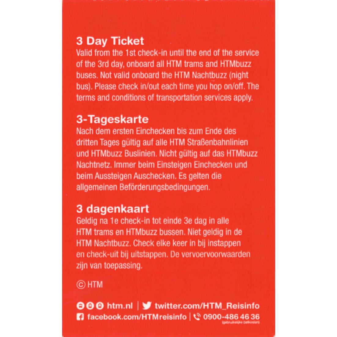 HTM The Hague Travel Ticket 3-dagen Back side