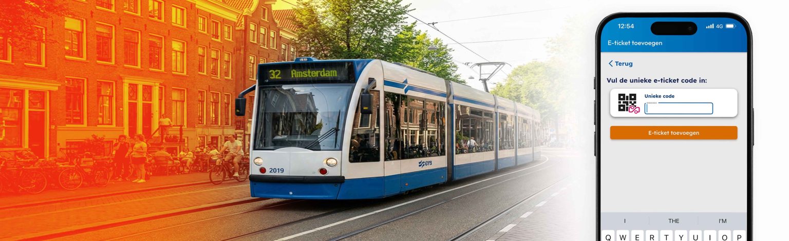 An Amsterdam tram next to a phone showing the screen where you enter your e-ticket code